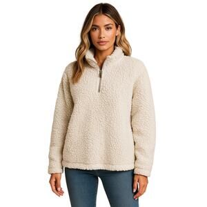 Cozy Sherpa Pullover Quarter Zip Popover in Ecru EUC Size Large